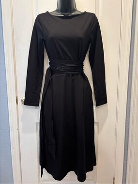 Pact Organic Cotton Stretch Jersey Black Long-Sleeve Wrap Waist Midi Dress XS